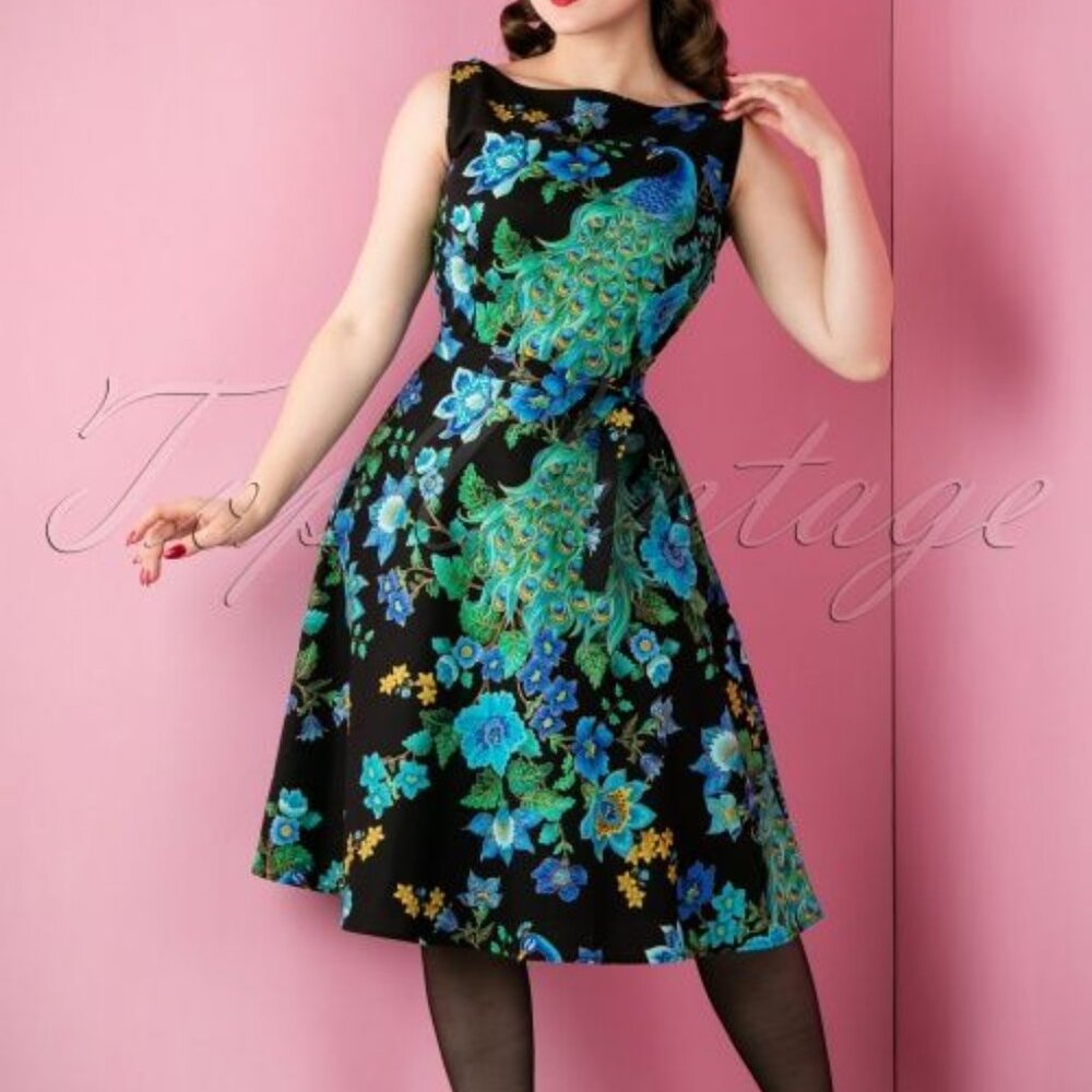 Medium Heart of Haute Monique Peacock Retro Rockabilly A-Line Dress Modcloth
